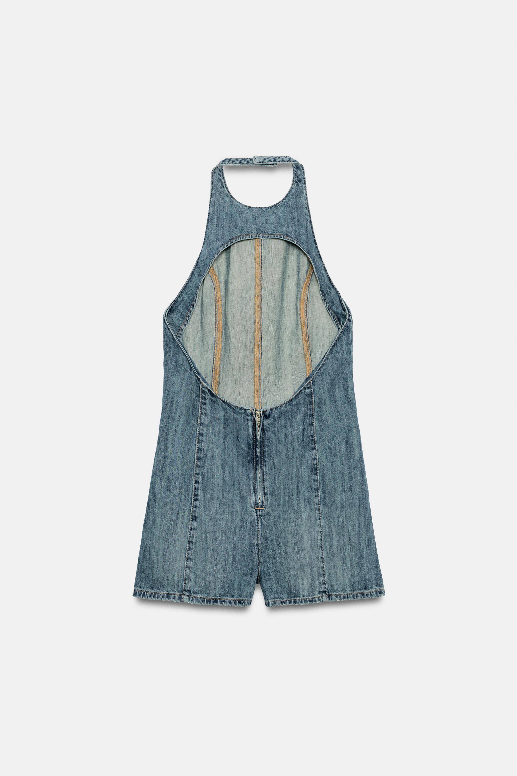 TRF HALTER DENIM SHORT JUMPSUIT